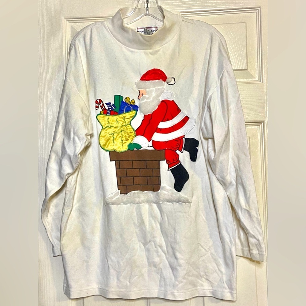 Vintage 90s Westbound Sport Christmas Santa Knit Mock Neck Long Sleeve Tee Sz M